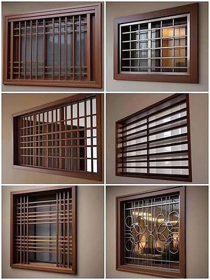 MS window grill design options — vertical bar, square grid, horizontal slat and decorative ring patterns