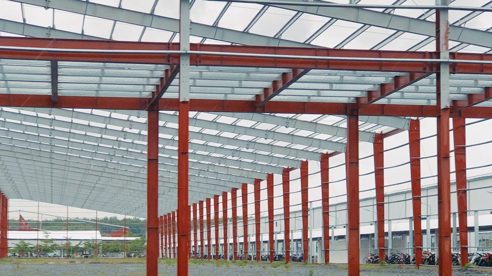 Steel shed frame with roof sheeting completed for an industrial site